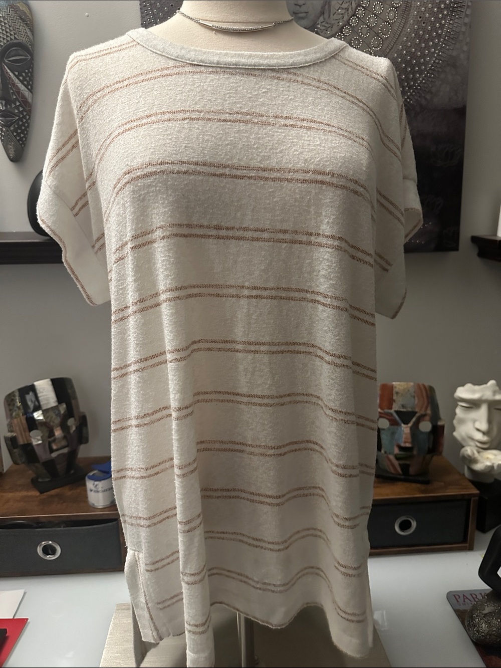 bobeau Cream Striped Short Sleeve Knit Top